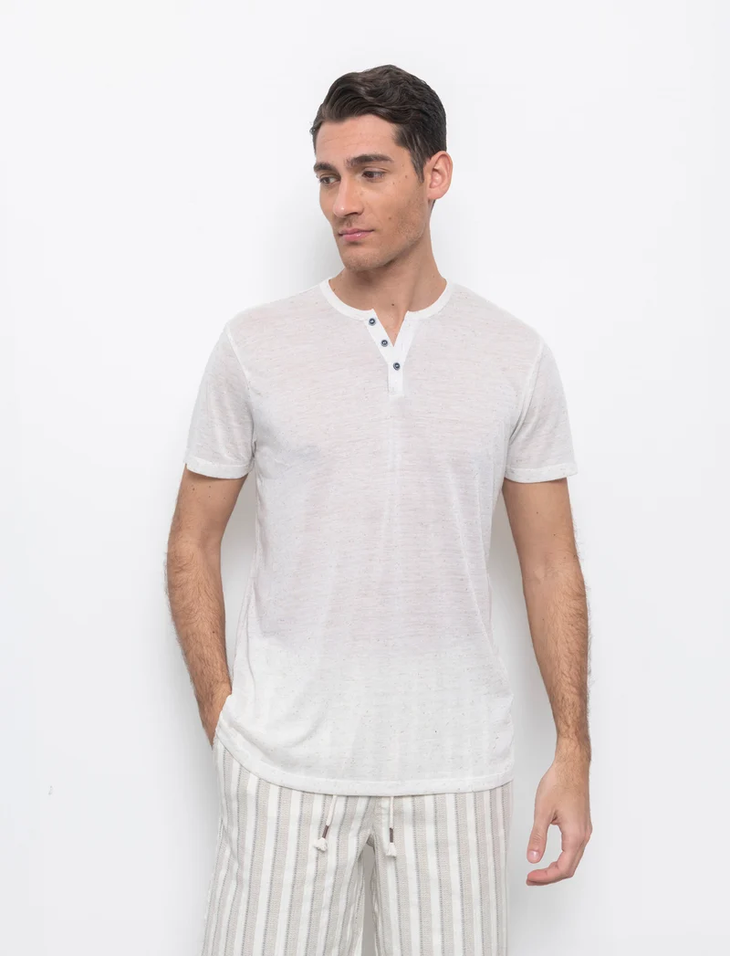 T-shirt serafino struttura misto lino da uomo - Beige ecru