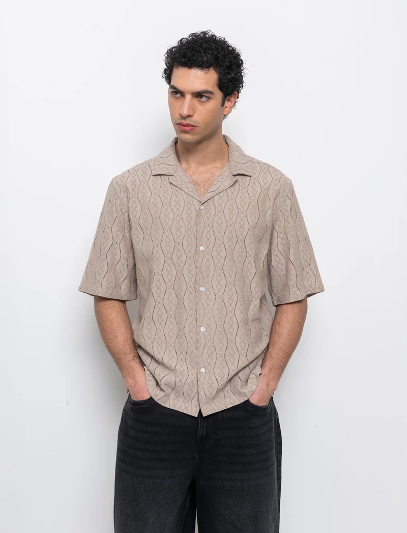 Camicia in tessuto a fantasia jacquard da uomo - Beige