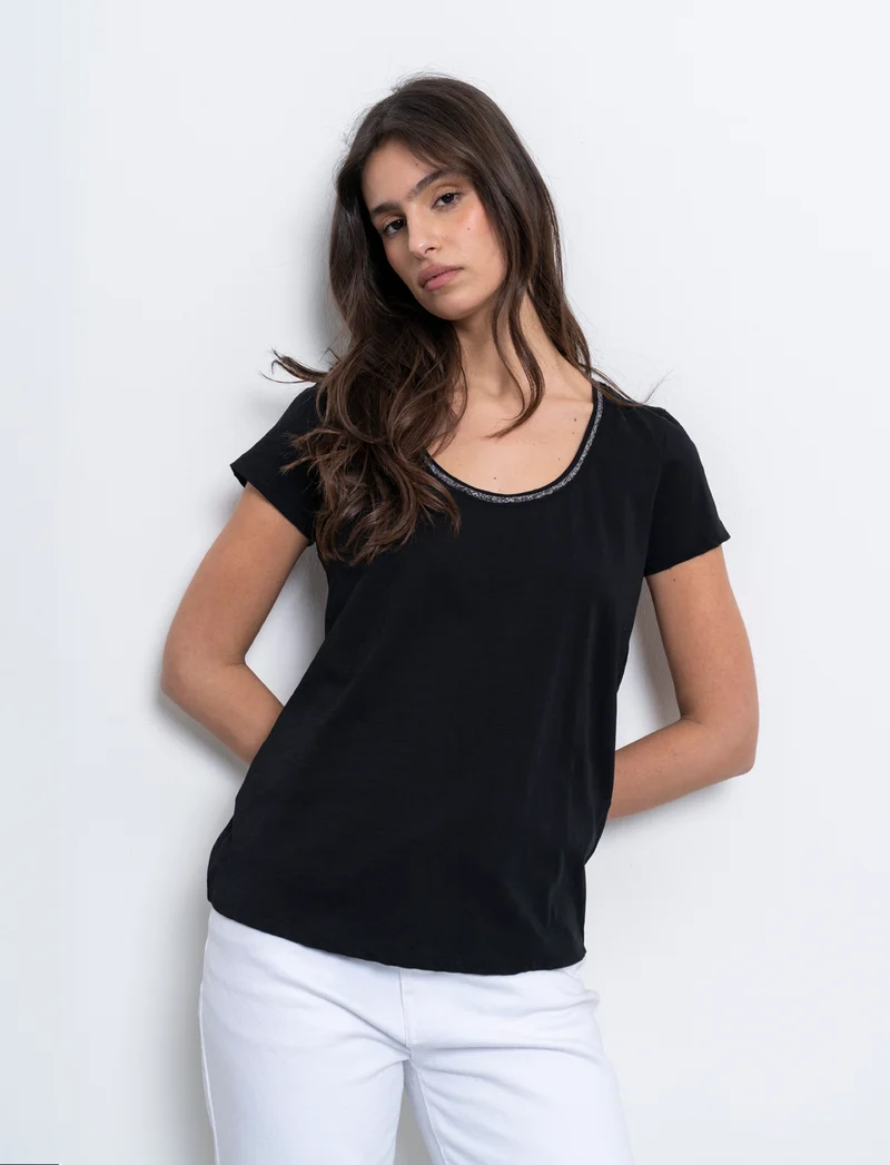 T-shirt con bordino in filo effetto metallico da donna - Nero