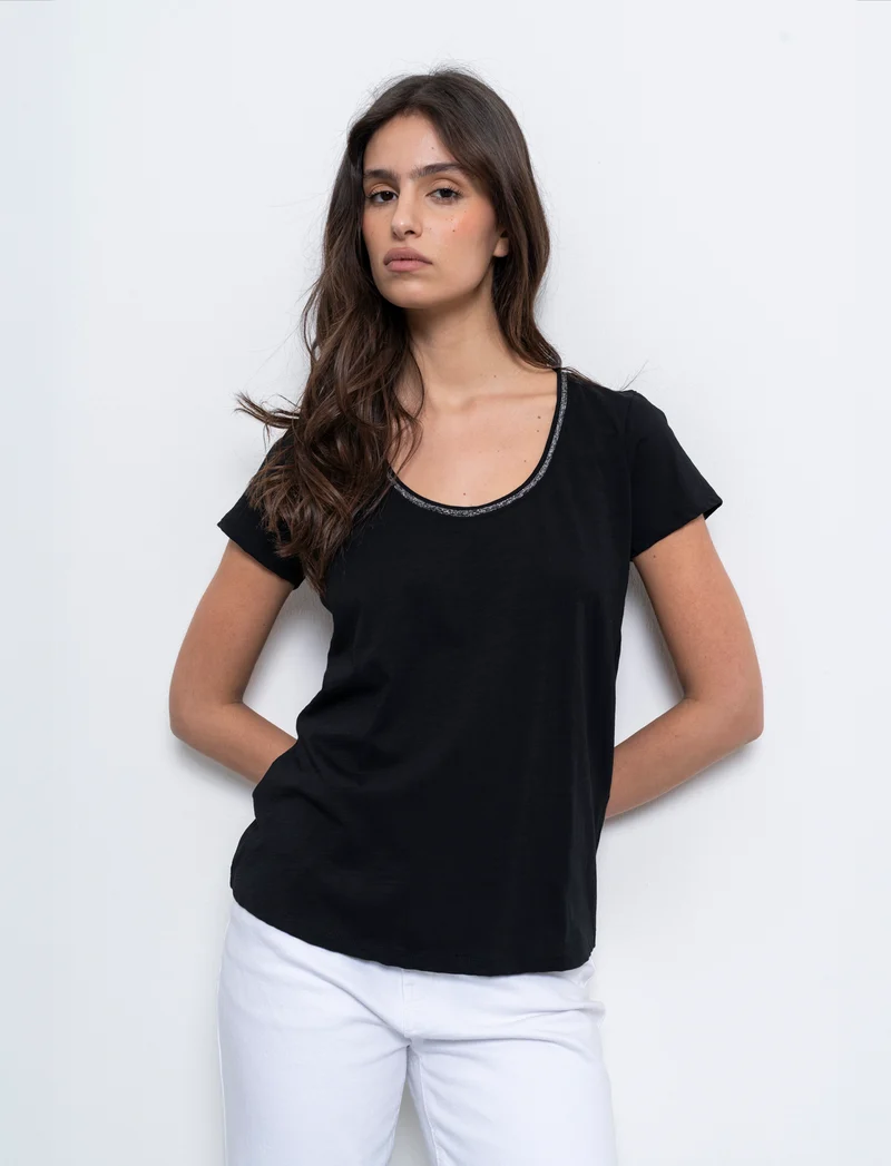T-shirt con bordino in filo effetto metallico da donna - Nero