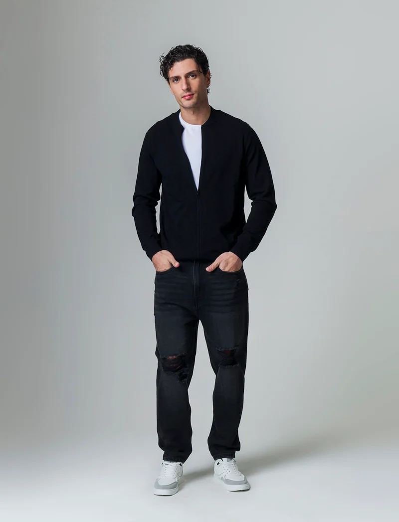 Maglia cardigan collo bomber in filato premium da uomo - Nero