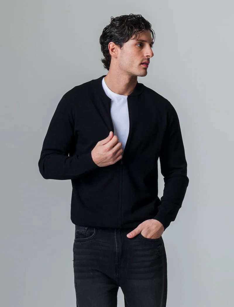 Maglia cardigan collo bomber in filato premium da uomo - Nero