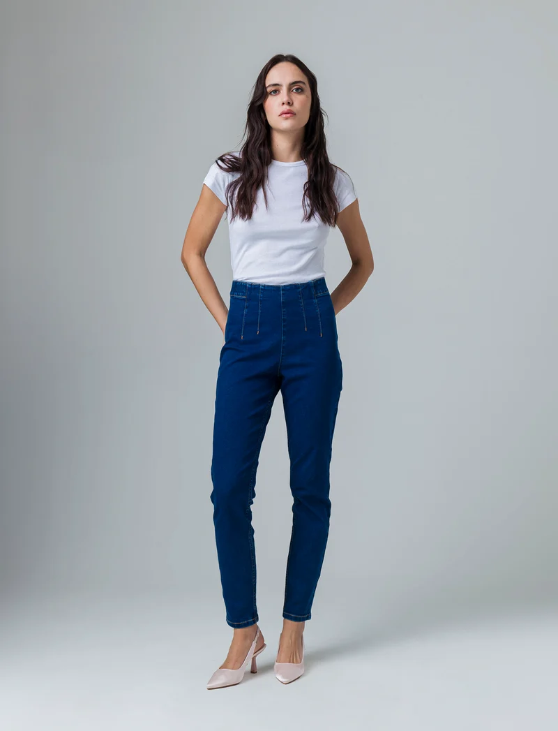 Skinny jeans con elastico in vita da donna - DENIM SCURO