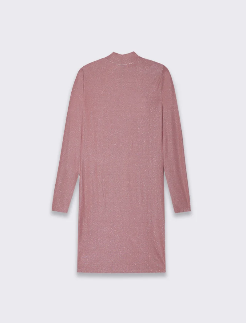 Vestito corto a tubino manica lunga con mezzo collo ad effetto ruches - Rosa