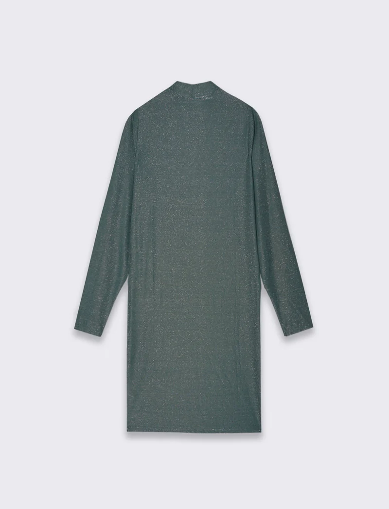Vestito corto a tubino manica lunga con mezzo collo ad effetto ruches - Verde scuro